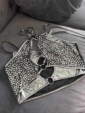 Women's Silver and Black Studded Halter Bralette